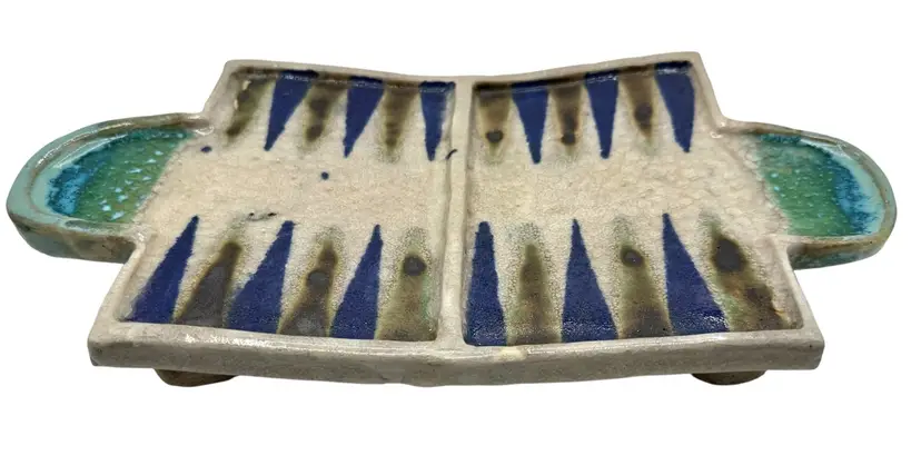 Handmade Studio Art Pottery Backgammon Game Board Tray Blue Beige Geode Glaze