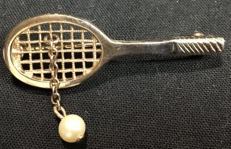 Brooch, tennis racquet & ball, gold tone, Avon, faux pearl, vintage 1976
