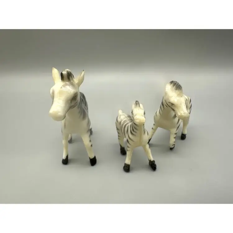 Miniature Zebra Figures Vintage Hard Plastic Set Of 3 Hand Painted Safari Minis