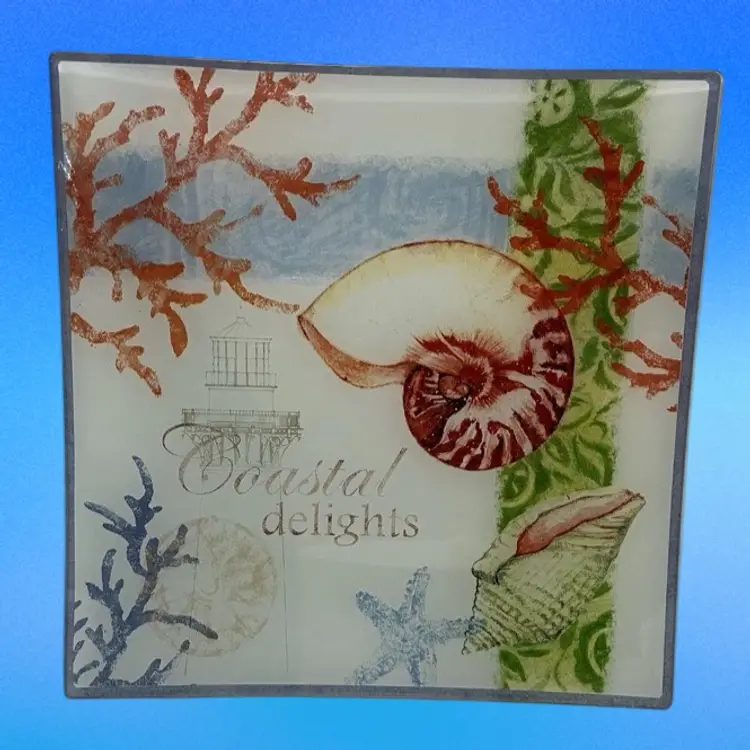 Ocean Scene Platter Glass Serving Plate Fish Shrimp Crab Decorative 11.5" Gift