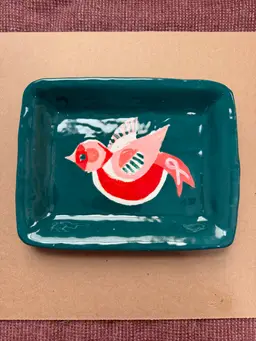 Breast Cancer Awareness - Pottery Studio Made By Me - Trinket Dish / Wall Plate - Pink, White And Red Bird On Green Background - Has Ribbon On Tail