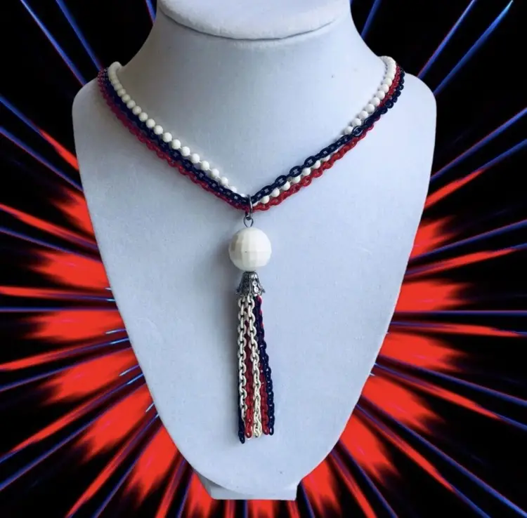 Vintage 1970’s Red White Blue Disco Ball Tassel Groovy Long Necklace 22”