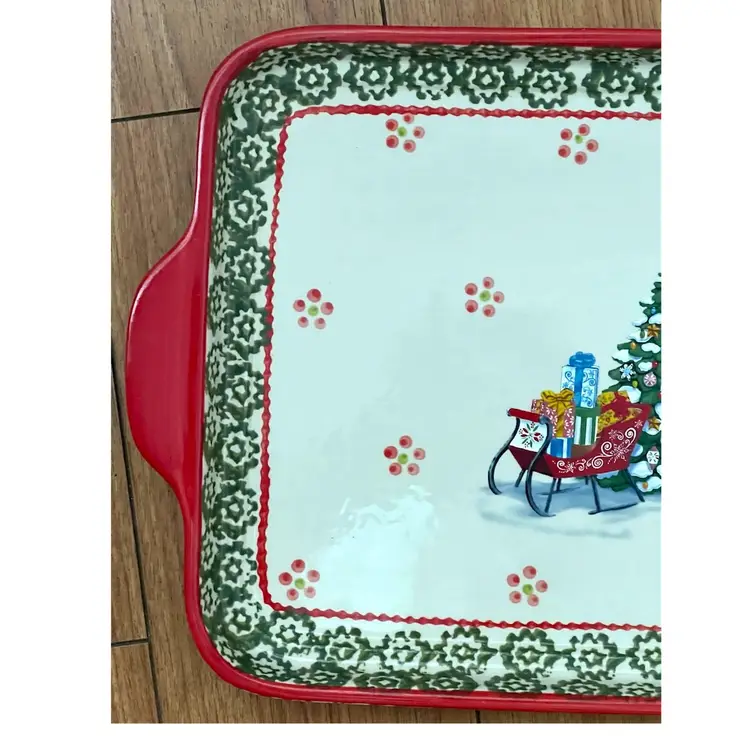 Temp-Tations Old World Pattern Ceramic Heavy Rectangle Christmas Tree Sleigh Serving Tray