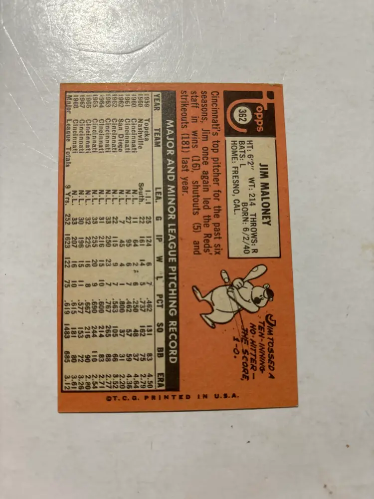 Jim Maloney - 1969 Topps #362, signed Cincinnati Reds