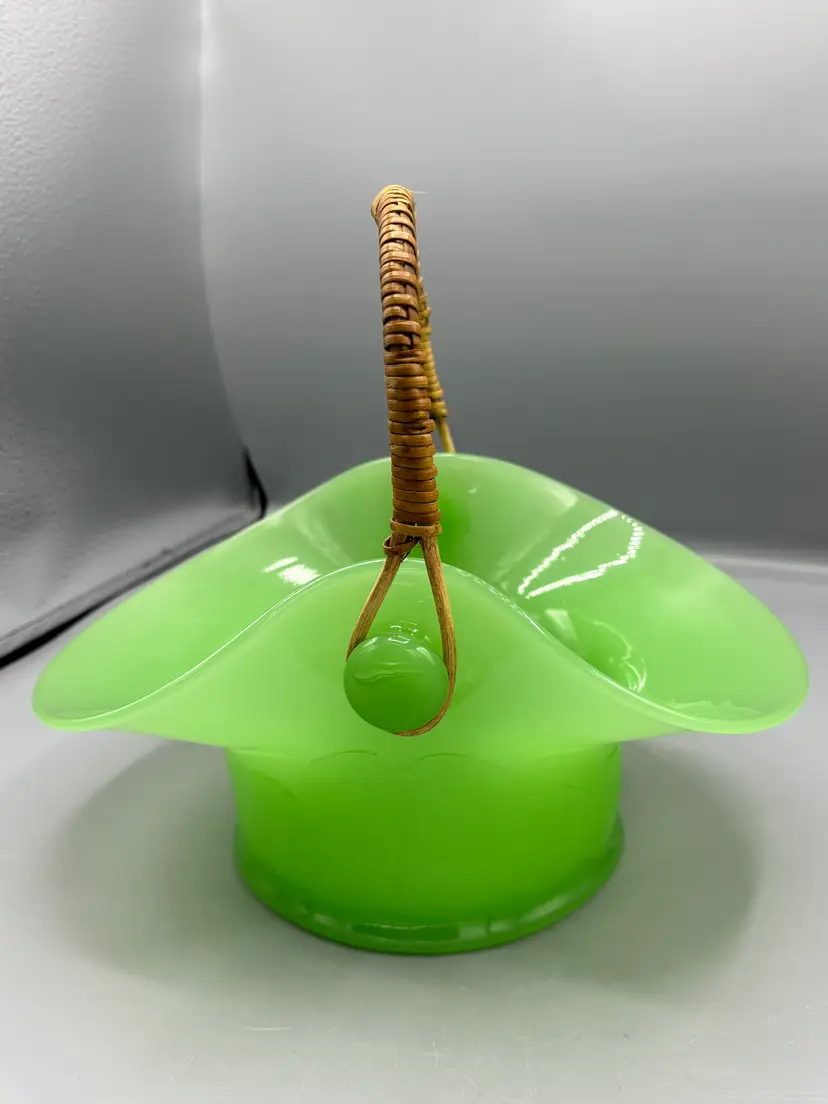 Vintage Fenton Jadeite basket with wicker handle