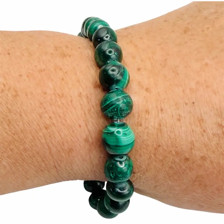 VTG Malachite Bead Bracelet 8” Green Banded Stones 8-10mm