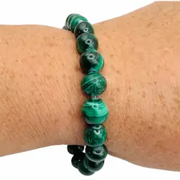 VTG Malachite Bead Bracelet 8” Green Banded Stones 8-10mm