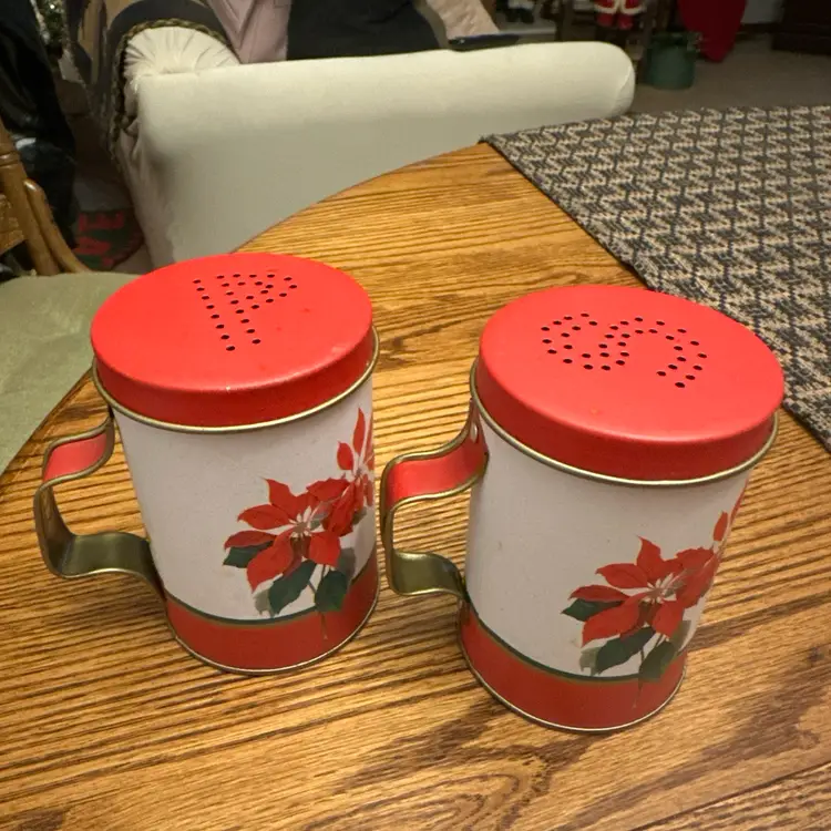 Vintage Christmas Tin Red Poinsettia Salt And Pepper Shaker  Christmas