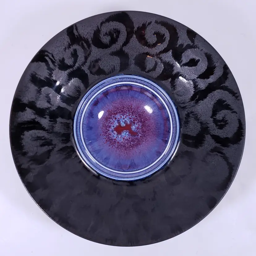 Signed STEVEN MAHLER Studio Pottery Modern Blue Purple Drip TRUMPET CONSOLE BOWL