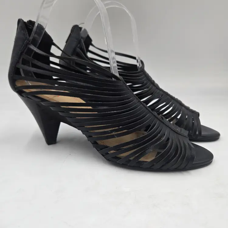 LEVITY Peep-toe Caged Black Leather Strappy Heels Size 9.5 Cone Heel Sexy