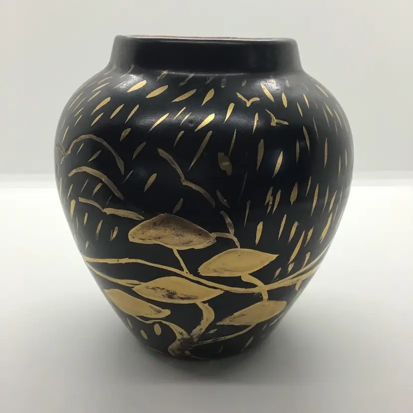 Vintage 1954 Signed Black With Gold Painting Art Pottery Vase Glazed Interior