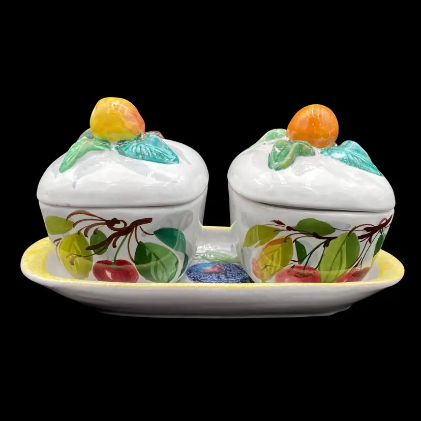 Vintage Italian Majolica Pottery, Two Honey/Jam Pots with Lids and Underplate