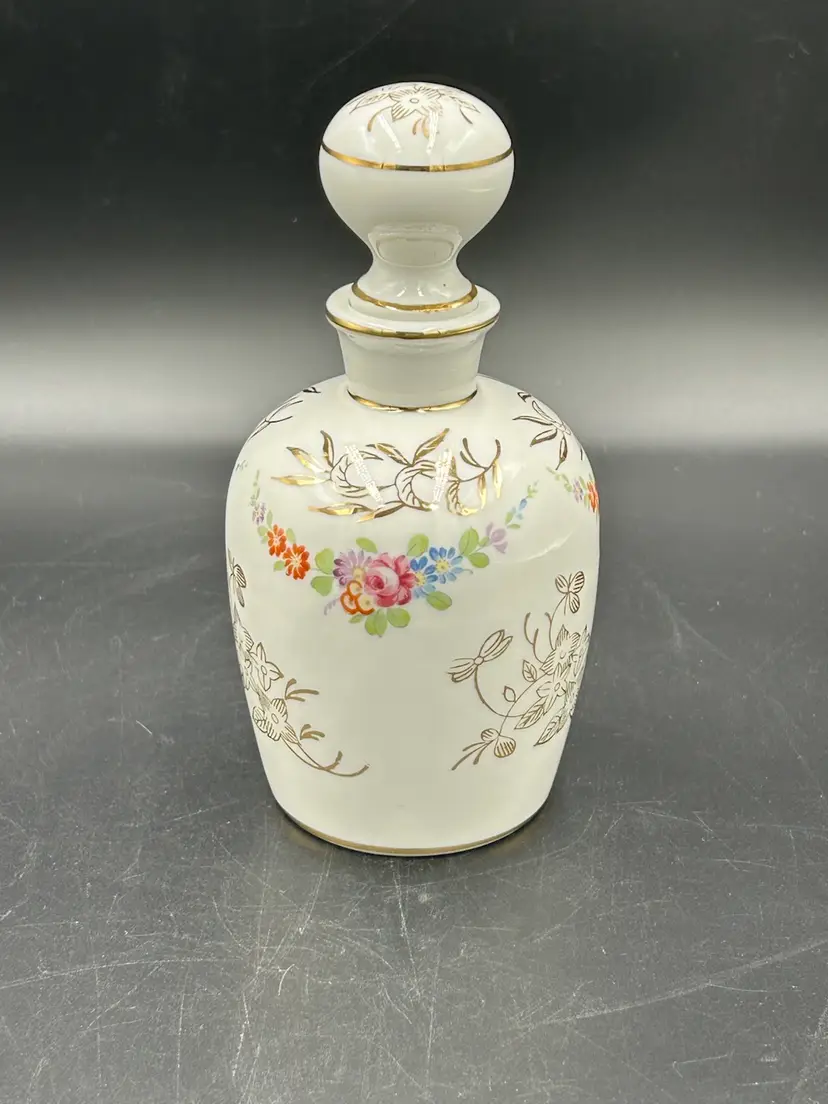 Hand Painted Andrea Porcelain Floral With Gold Accents Perfume Bottle With Stopper