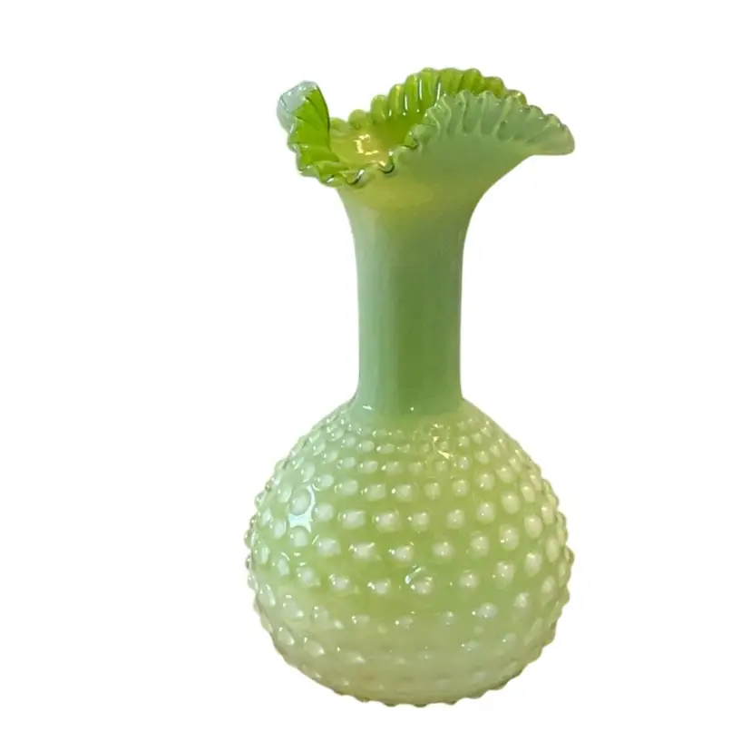 Art Glass Olive Green Hobnail Ruffled Vase 10"