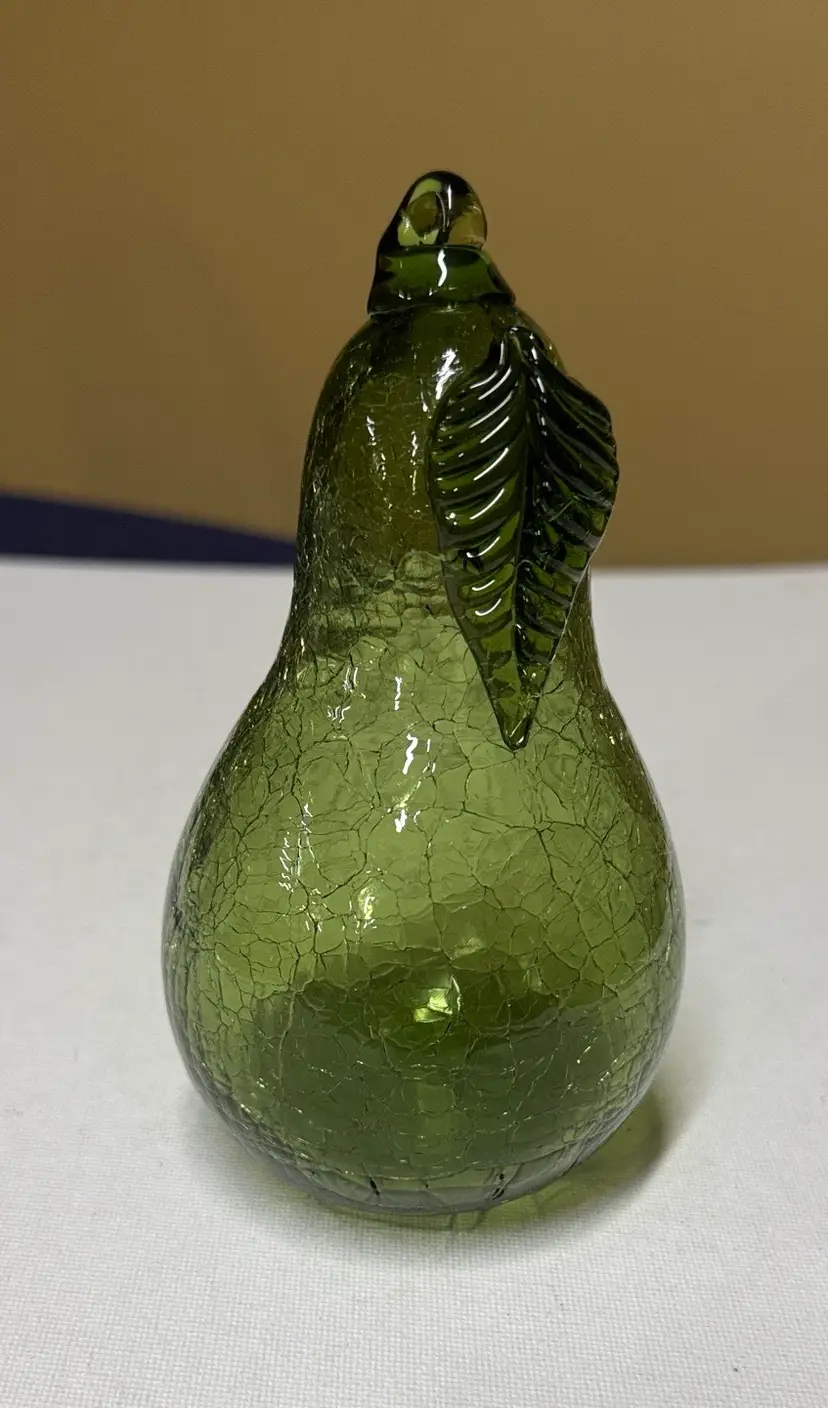 Green Crackle Glass Pear, hand blown paperweight or ornament 5.75” tall