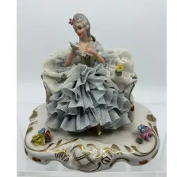 Antique Dresden Lace Porcelain Figurine Victorian Lady Blue Dress Germany 4.5”