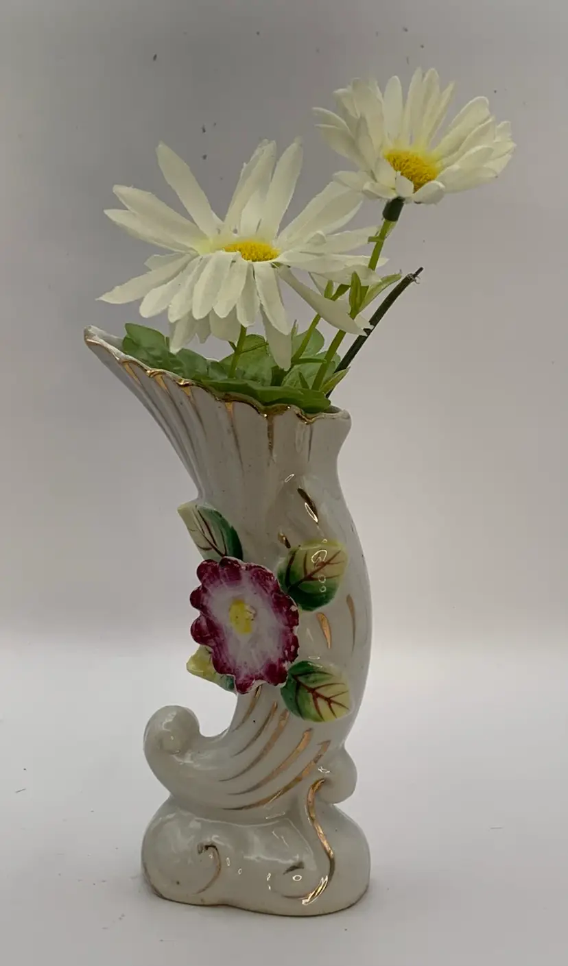 VTG Bud Vase Cornucopia Shape Hand Painted Flower