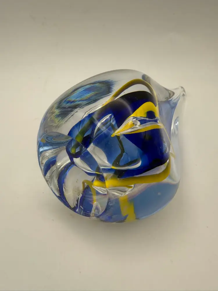 Adam Jablonski Signed Lead Crystal Cobalt Blue/Yellow Art Glass Paperweight Poland