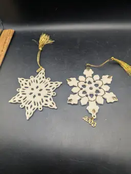 Vintage Lot of 2 Lenox Snowflake Ornaments 2003 Purple Gem Embellished and 2004 Plain Ivory.