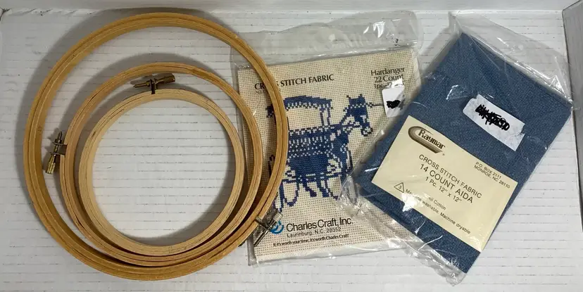 3 Wood Embroidery Rings + 2 Pkgs Aida Cloth. (5”, 6”, 8”rings) (14 Count 12x12” Blue & 22 Count 12x18” Natural Cloth)