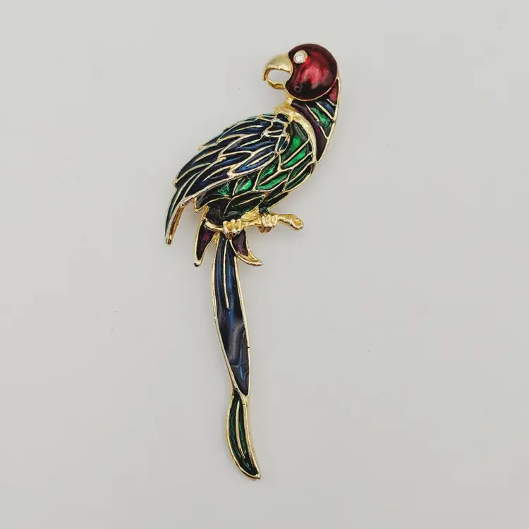 Enameled Red Green Blue Tropical Parrot Macaw Bird Rhinestone Gold Tone Brooch