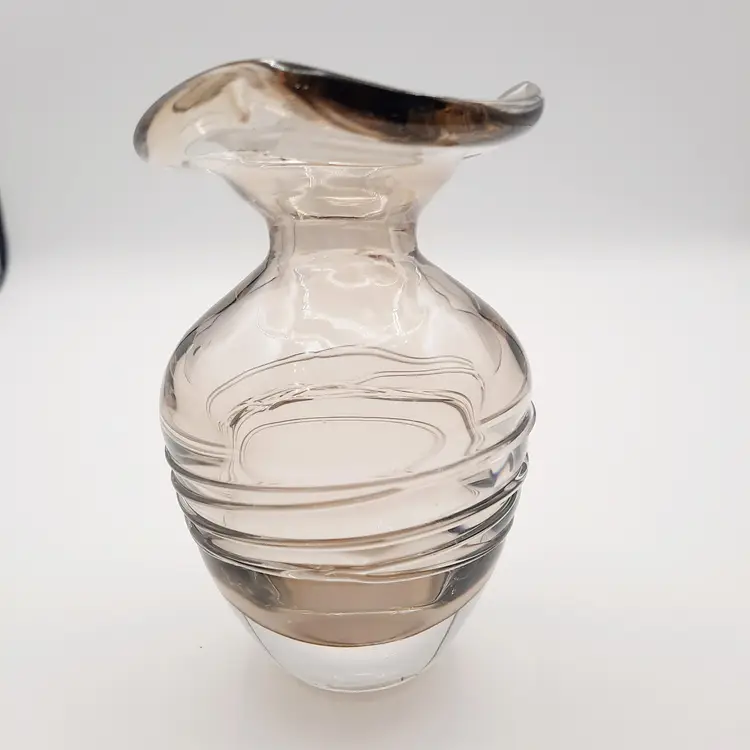 Handblown Art Glass Small Bud Vase Smoky Taupe Ruffled Rim Applied Swirl Detail