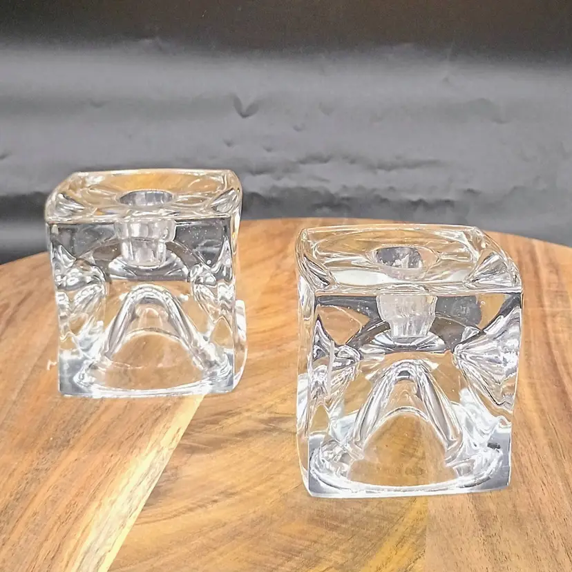 Two Rudolf Jurnikl Clear hand blown Crystal Ice Cube Optic Czech Bohemian Glass Candle Holders Sklo Union.