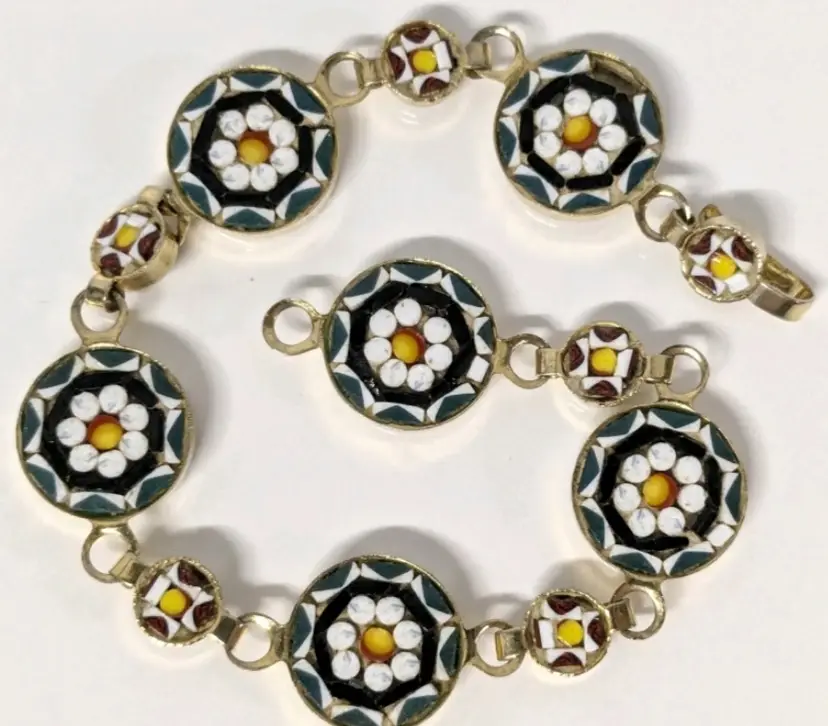 Dainty Vintage Italian Micro Mosaic Bracelet - 7.5" Long, Missing 1 Piece of Mosaic Missing