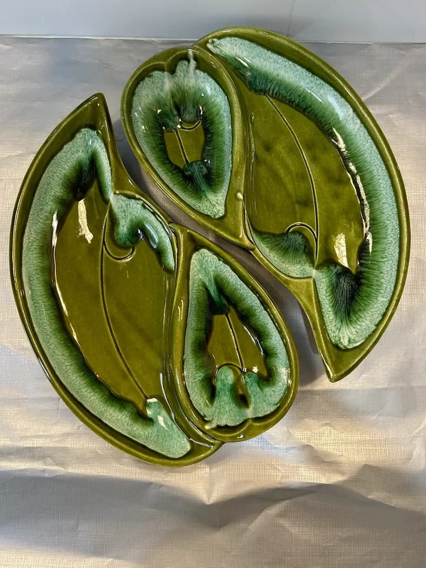 Vintage Pair MCM Santa Anita Ware Avocado Green Glazed Chip & Dip Platter