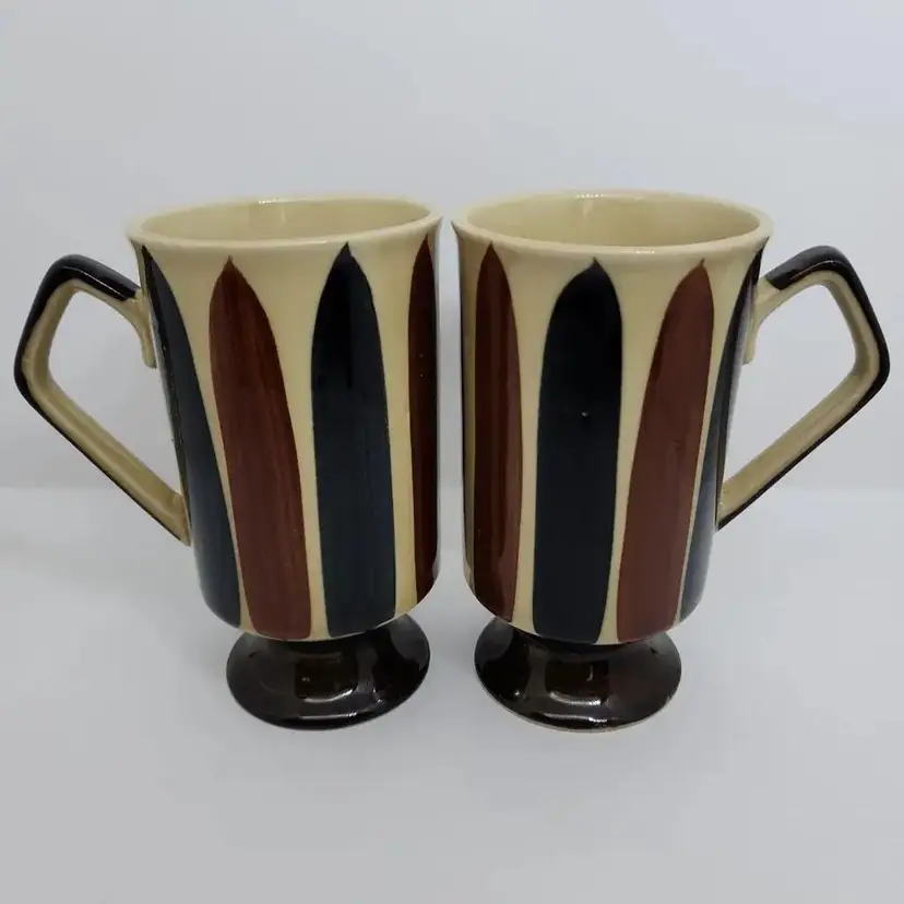 Vintage Brown and Black Paint Striped Coffee Mugs, 1 Pair