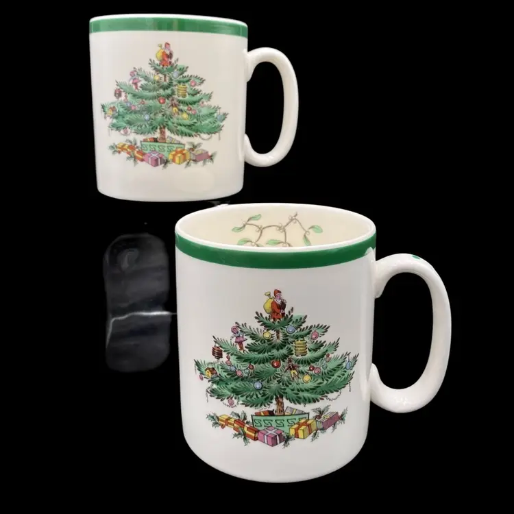 2 - Vintage ('93) Spode Christmas Tree Mugs, Made in England, 9 oz., Tom & Jerry