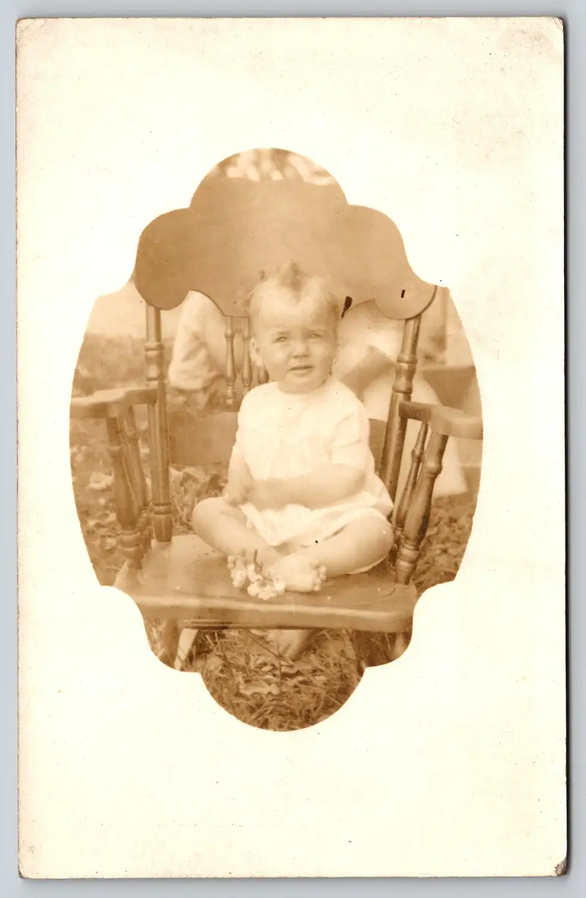 Postcard RPPC Baby with Mohawk Seating on Chair Real Photo Vignette - 8957