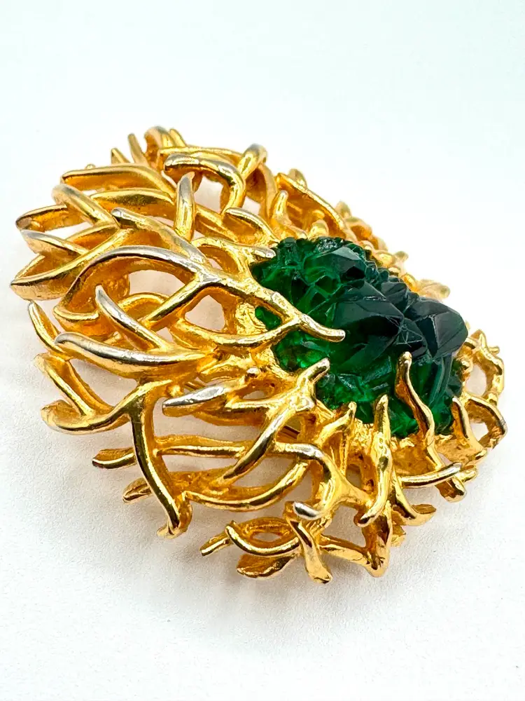 Marcel Boucher EXTREMELY RARE Signed Numbered Sea Anemone Brooch Goldtone Green Stone