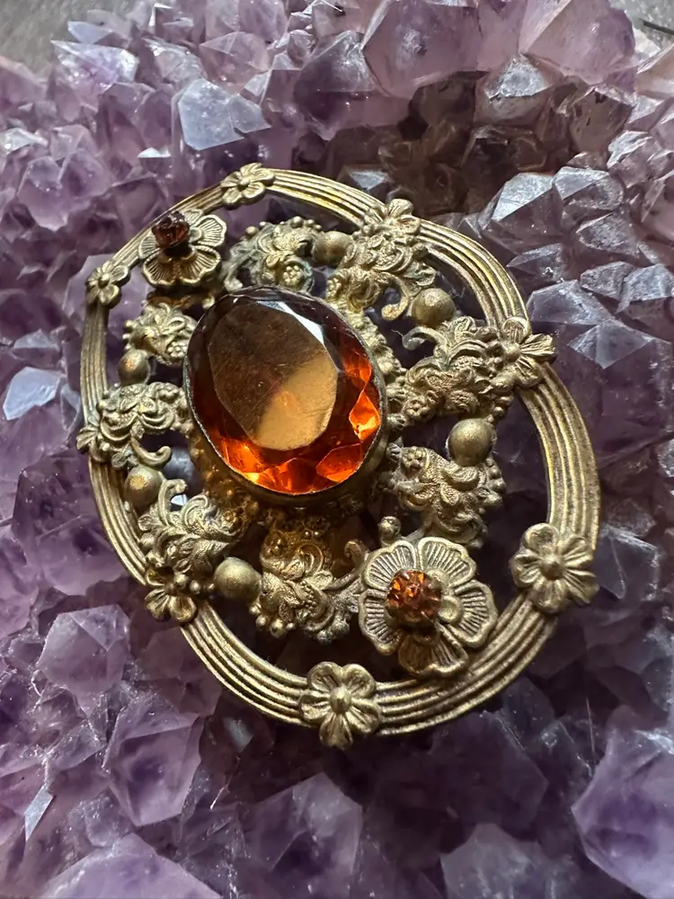 Antique Czech Amber Glass Brooch