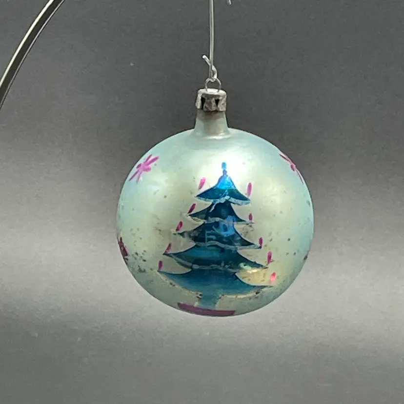 Polish Handblown Mercury Glass Christmas Ornament Blue Tree Purple Stars Vintage