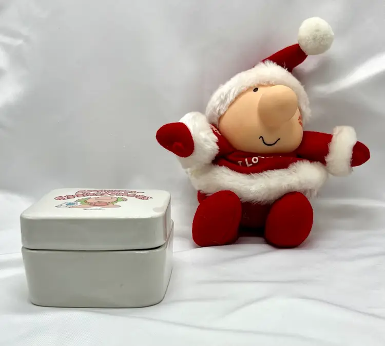 Ziggy Stuffed Santa & Vintage Tom Wilson Ceramic Merry Christmas Trinket Box