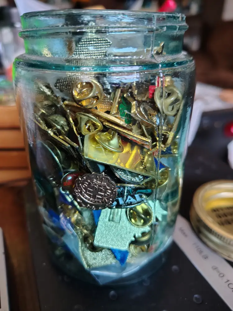 Mystery Mason Jar Lot Of Vintage Enamel Lapel Hat Pins, Awards, etc