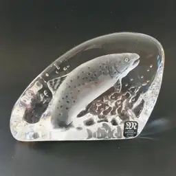 Mats Jonasson Crystal Fish Salmon Trout Paperweight Decor Signed Numbered 2559 Sweden Full Lead Vintage 1980s 1990s.
