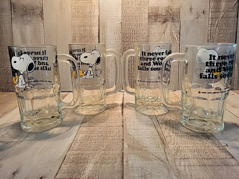 4 Peanuts Snoopy Woodstock Root Beer Glass Mug Stein Vintage 1965 Mugs Set Lot
