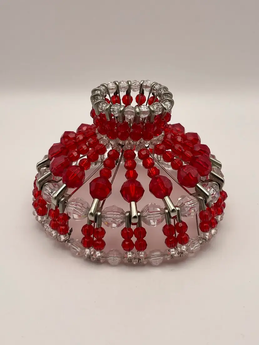 Vintage, Handmade, Red/Clear, Beaded, Safety Pin Lamp Shade
