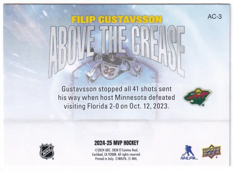 2024-25 Upper Deck MVP Above the Crease #AC3 Filip Gustavsson Minnesota Wild Hockey Card
