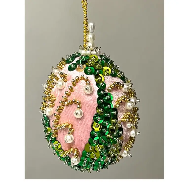 Handmade Vintage Style Push Pin Easter Egg Ornament Pearls Beads Sequins 3.5 in Height
