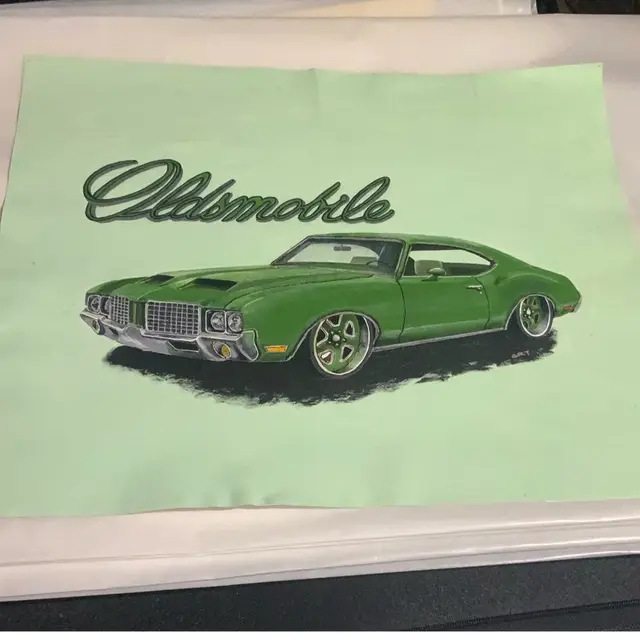 “Green Envy” By Art. Signed By Artist 20” By 16” Mixed Media On Canvas Made By Me Featuring A Gorgeous Two Door Oldsmobile Vintage Car In green With Green Rims 🛻