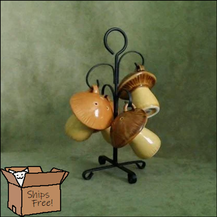 Vintage Mushroom Salt and Pepper Shaker Set | Brown and Orange Woodland Mushrooms | Spice Shakers on a Hanging Caddy | 1970s Made in Japan