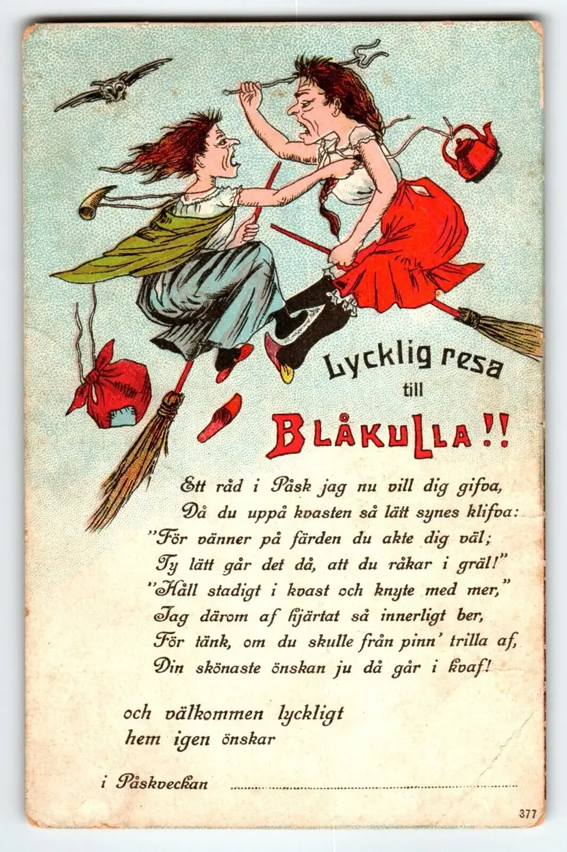 Easter Witch Postcard Witches Tea Pot Broom Owl Pitch Fork Lycklig Resa Blakulla