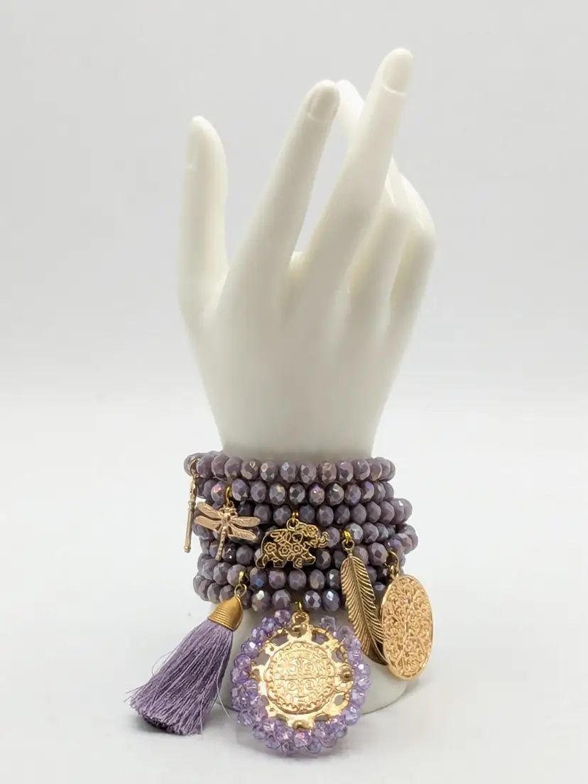 Boho Chic Purple Beaded Stretch Bracelet Set with Charms Gold Tone