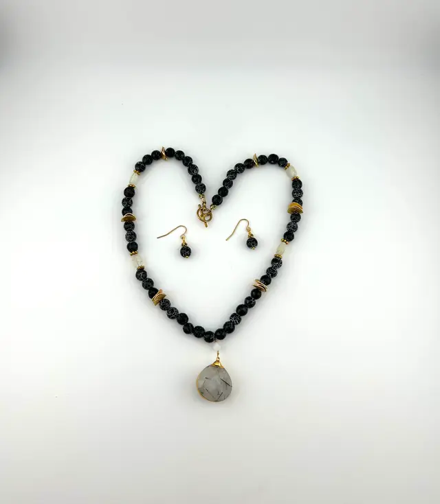 Cracked Agate and Quartz Gold Tone Necklace and Earring Set Made By Me