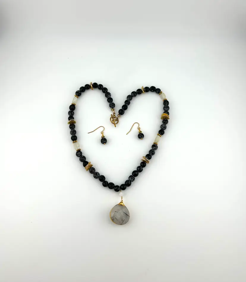 Cracked Agate and Quartz Gold Tone Necklace and Earring Set Made By Me