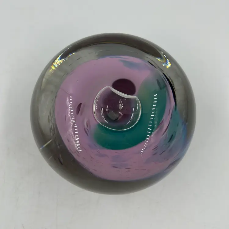 Vintage Pink Teal Purple Swirl Art Glass Paperweight Signed Rosenfield On The Bottom. Has Marks On The Top That Look Like Air Bubbles.