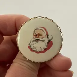 Antique transfer ware ceramic Santa Claus pin / brooch with brass surround - estate piece